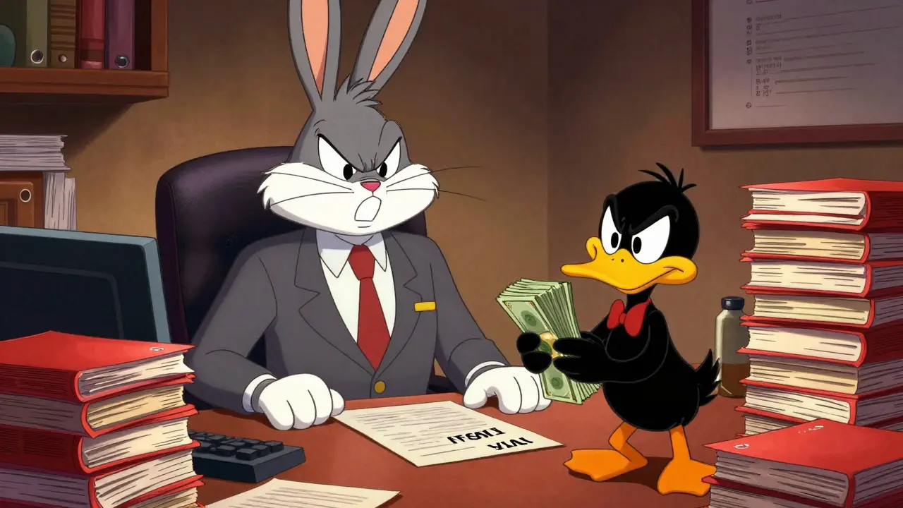 Bugs Bunny-style regulator reviewing FSMA files with a nervous entrepreneur