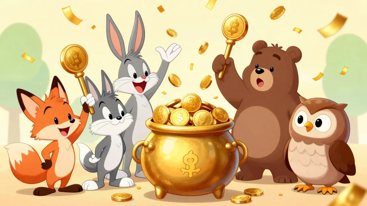Cartoon animals celebrating rewards around a golden pot in Looney Tunes style