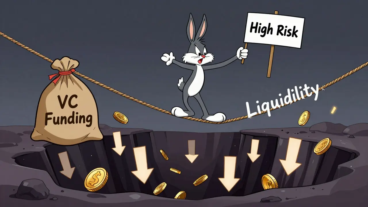 Cartoon character balancing on a thin rope over a pit of falling coins