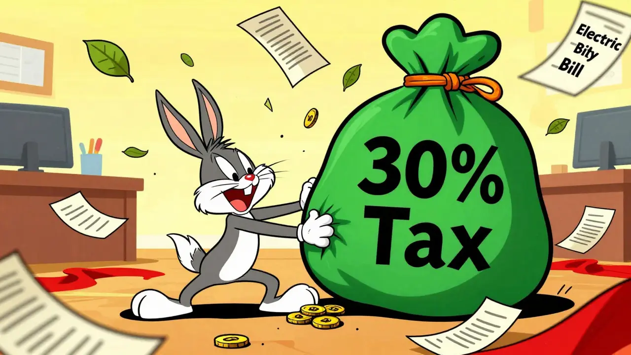 Cartoon character crushed by tax and electricity bill bags