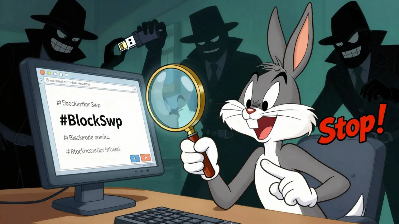 Cartoon character inspecting fake URL with magnifying glass