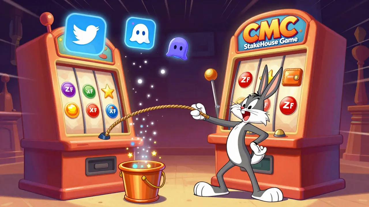 Cartoon character playing stakehouse game with social icons