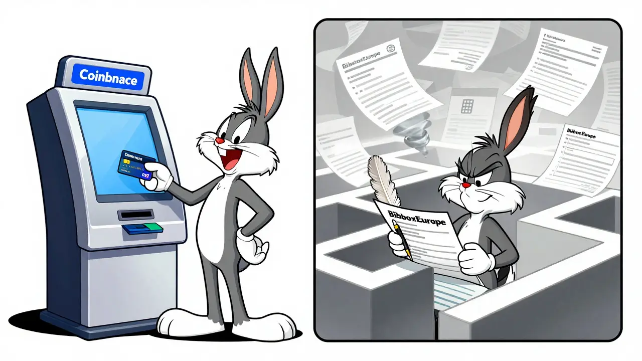 Cartoon comparison of easy fiat exchanges vs complex BiboxEurope KYC process