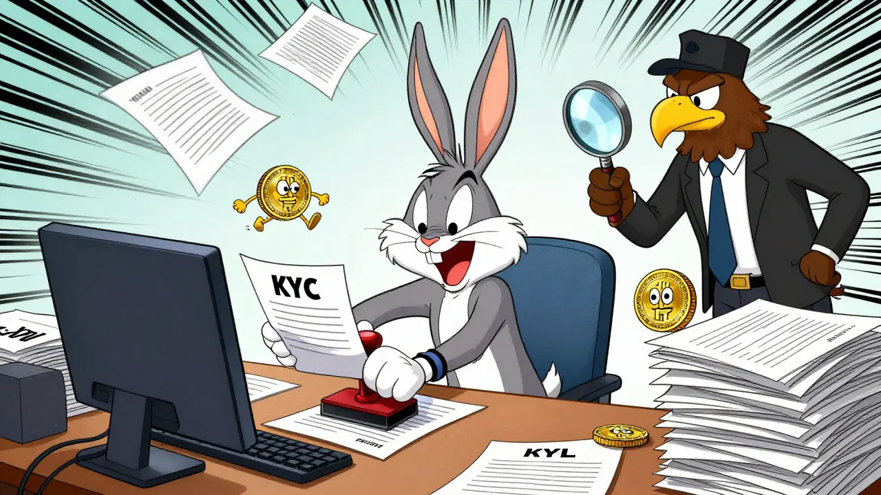 Cartoon compliance officer frantically stamping KYC papers while chasing a sneaky crypto coin