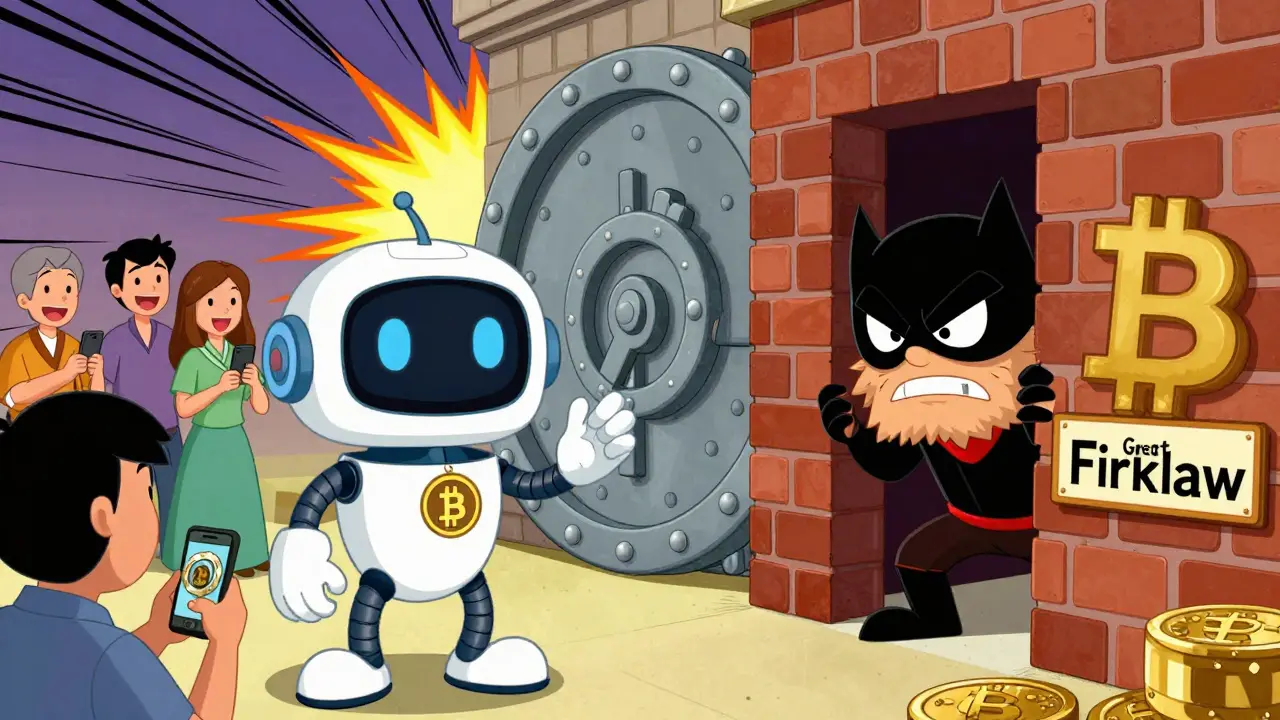 Cartoon e-CNY robot vs hidden Bitcoin bandit at firewall