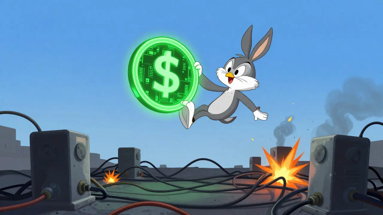Cartoon e-Dirham flying smoothly while illegal crypto wires spark below