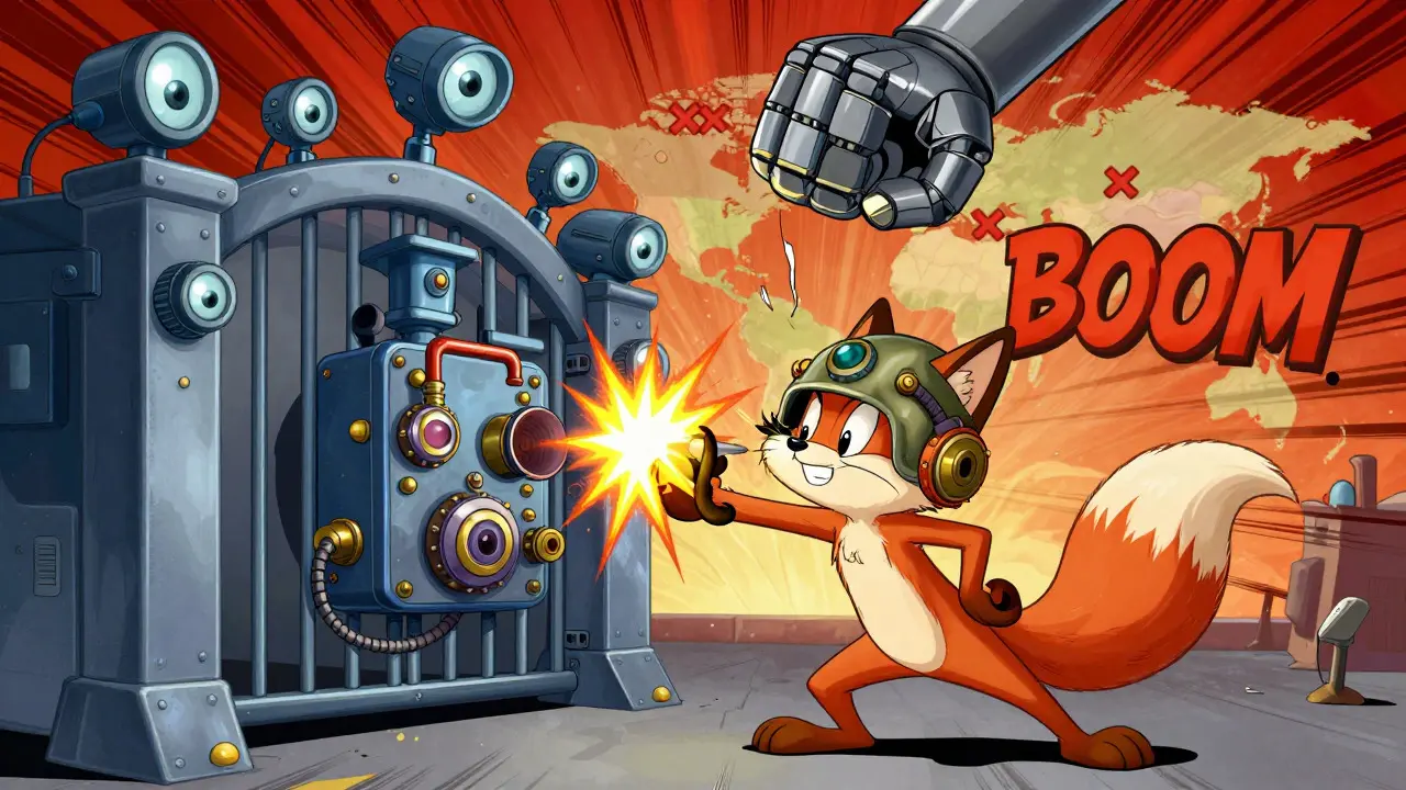 Cartoon fox failing to bypass crypto security with a funny VPN device