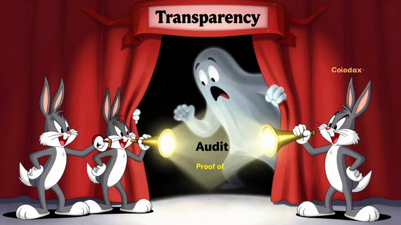 Cartoon ghost hiding from audit flashlights in Looney Tunes style