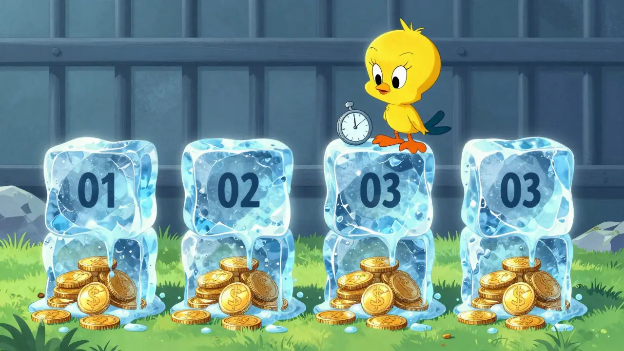 Cartoon ice cubes melting to reveal gold coins representing token vesting