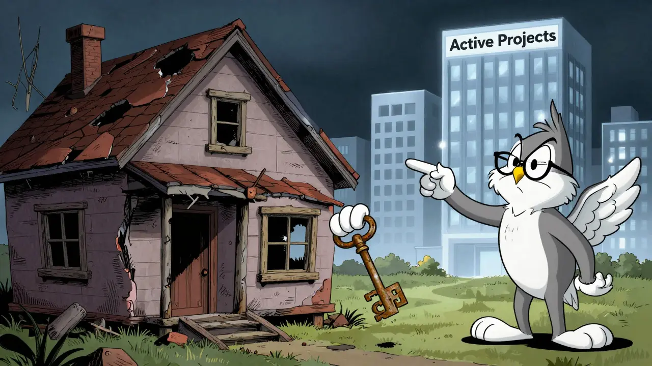 Cartoon investor holding a rusty key next to a broken house