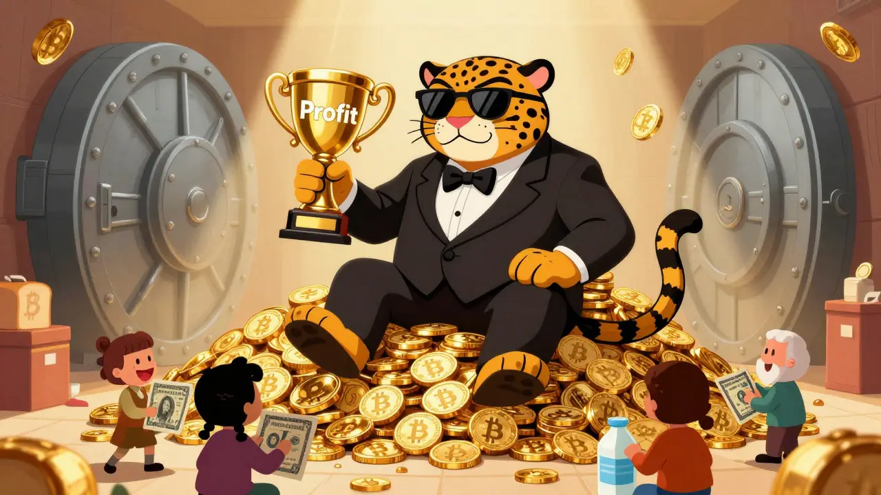 Cartoon of government profiting from Bitcoin reserves while citizens use cash