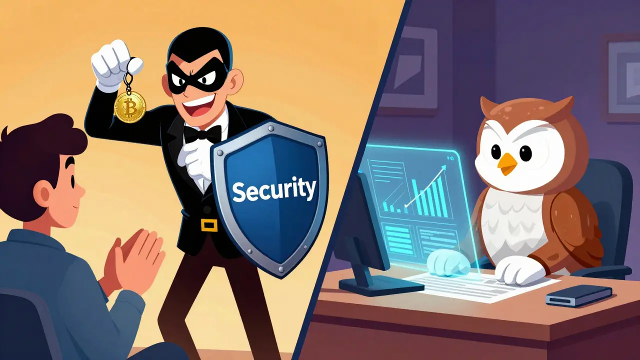 Cartoon owl analyzing charts while a scammer is blocked by a security shield