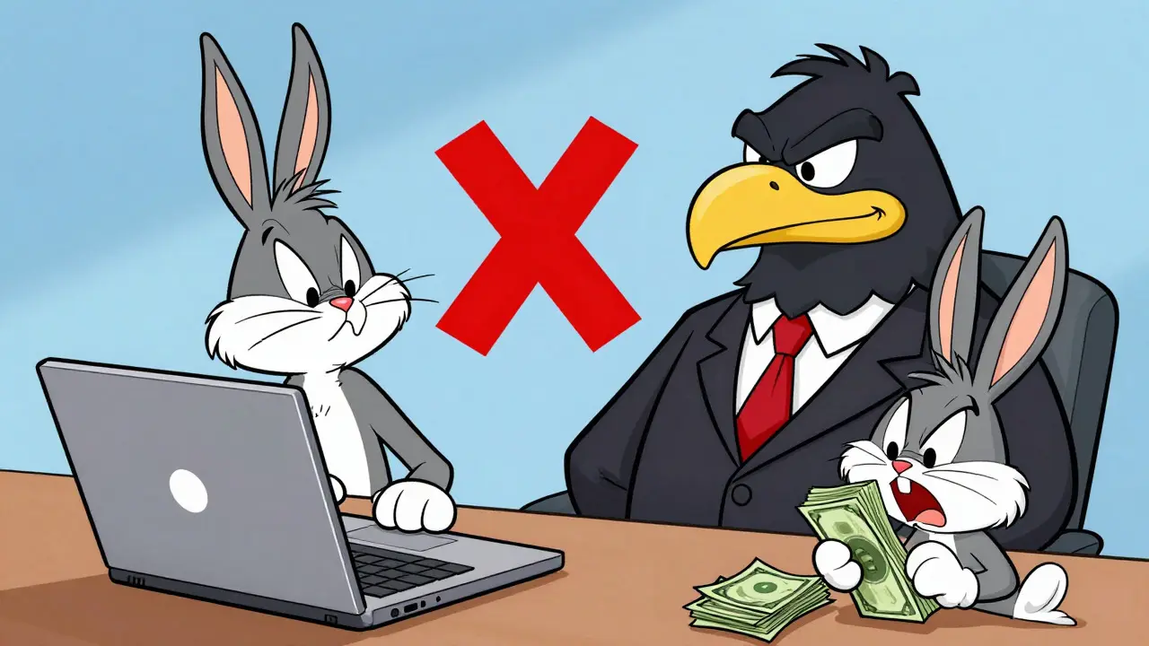 Cartoon regulator blocking unlicensed crypto exchange with angry expression