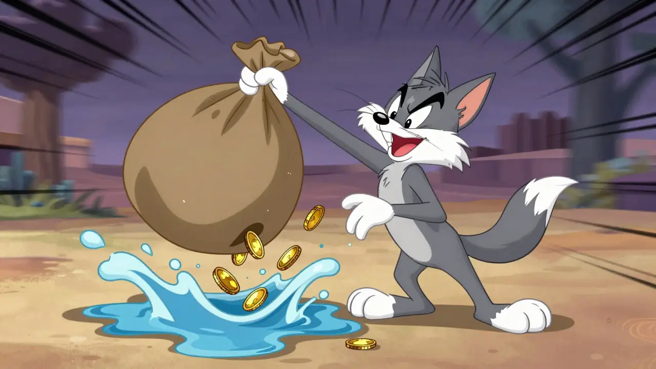 Cartoon wolf losing gold coins due to a splash from a tiny, shallow liquidity puddle.