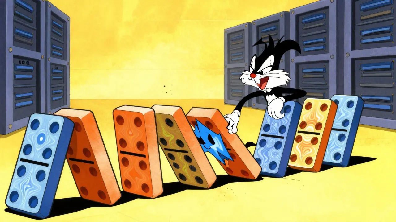 Chain of dominoes scrambling colors when one is tampered with