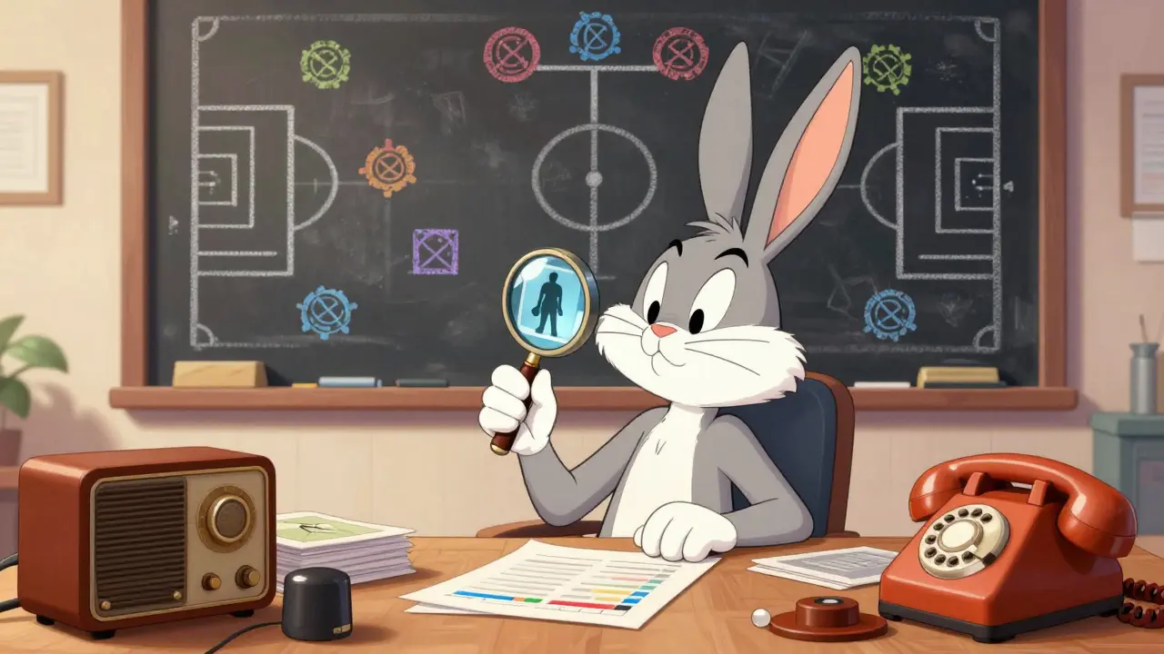 Clever cartoon rabbit analyzing soccer strategies and NFT cards at a desk