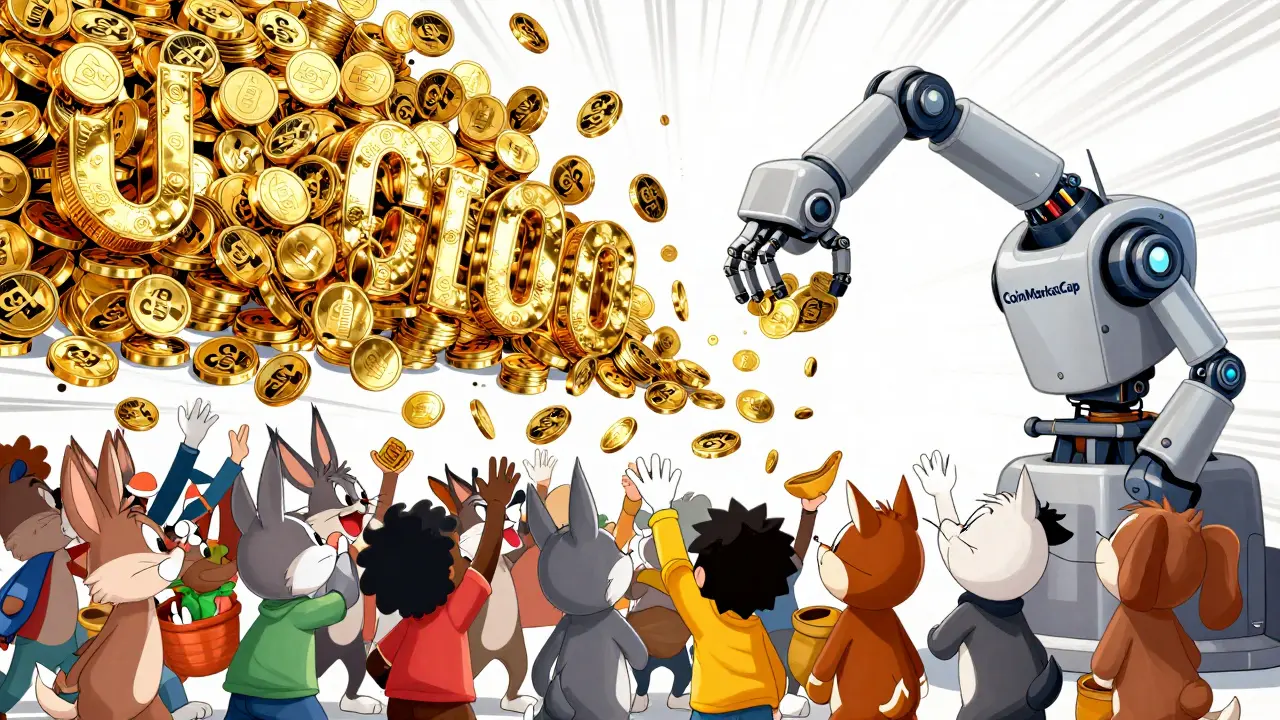 Crowd of cartoon characters catching falling CSM tokens from a large distribution machine