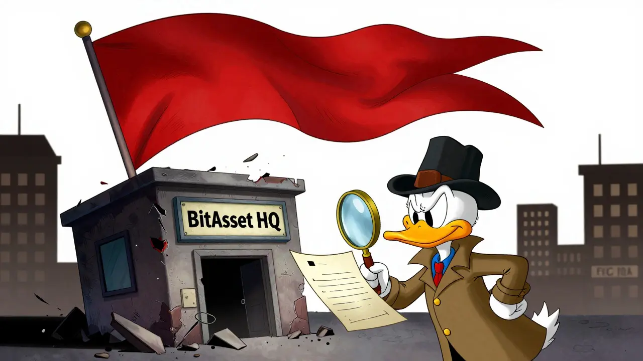 Detective duck inspecting missing licenses under a big red warning flag.
