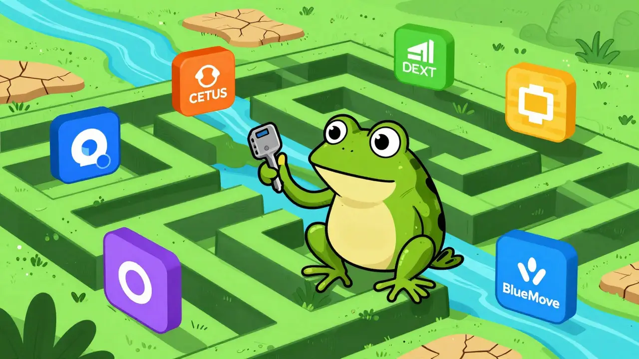 Frog navigating decentralized exchange maze
