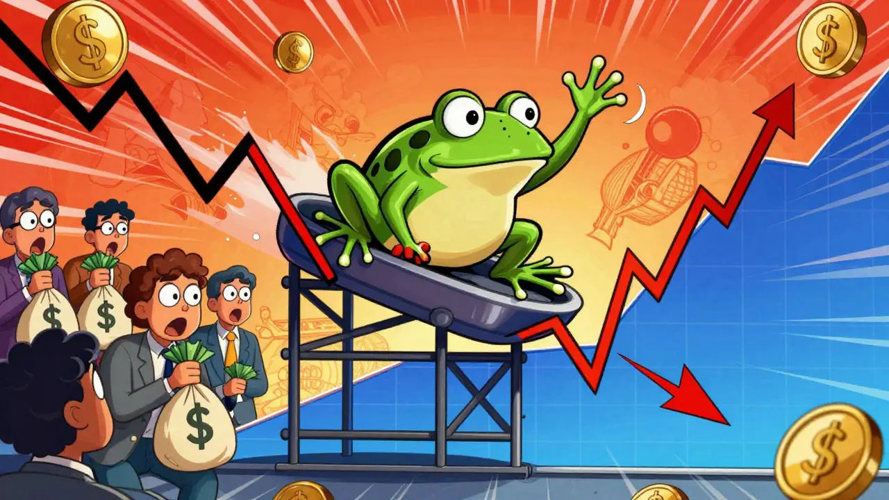 Frog riding a volatile stock chart rollercoaster