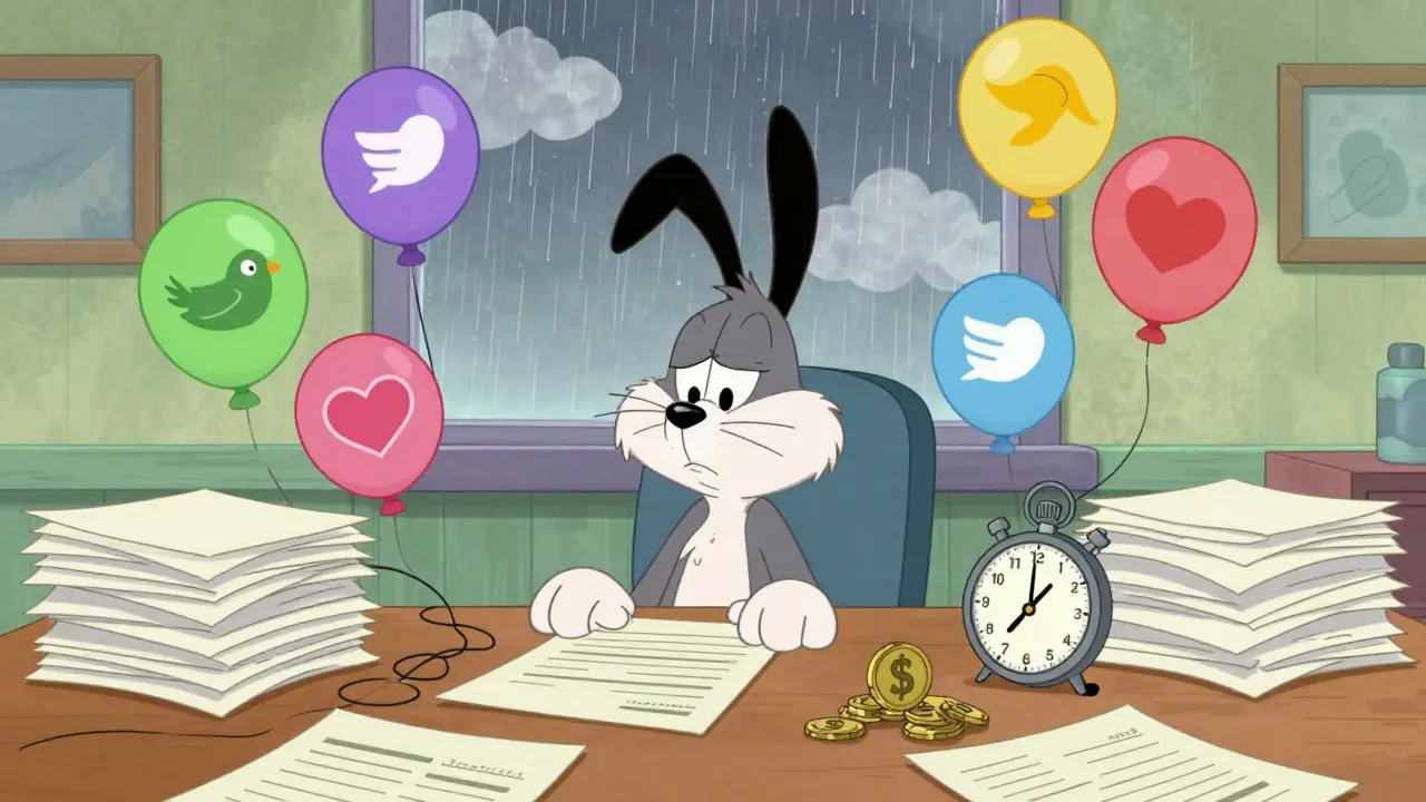 Frustrated cartoon dog exhausted by social media tasks for small rewards