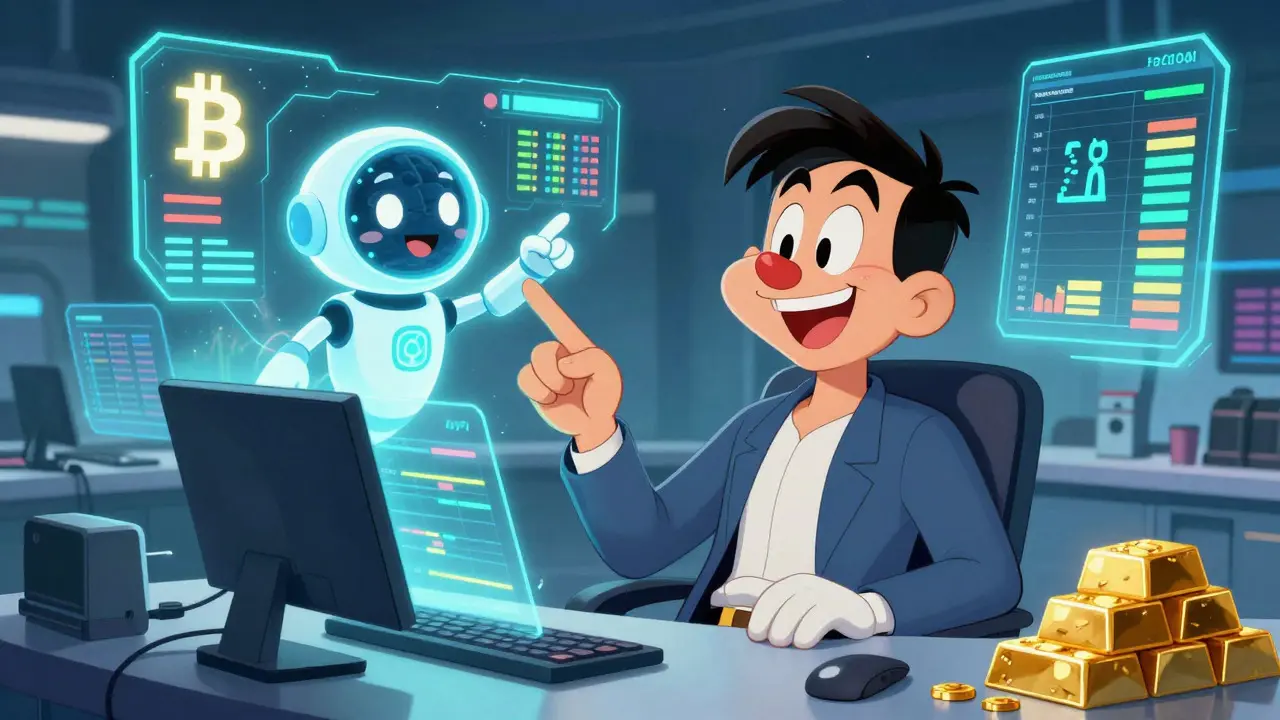 Futuristic cartoon trader using AI tools to manage crypto, gold, and forex assets easily