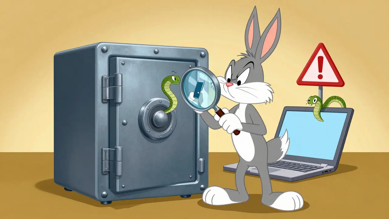 Hero protecting hardware wallet from phishing scams in animation style