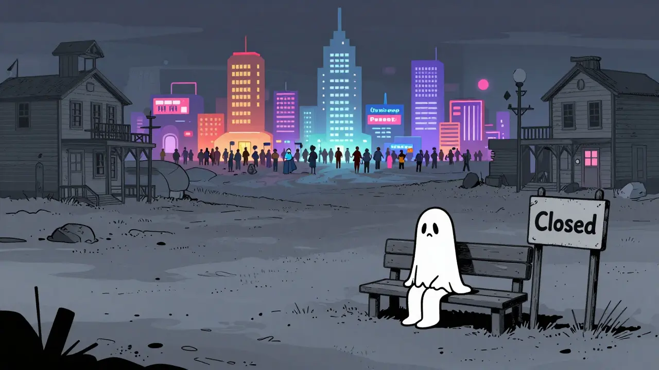 Lonely cartoon character sitting in a dusty, abandoned digital town while busy cities thrive in the background.