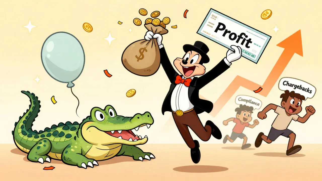 Merchant celebrating profit over defeated fees