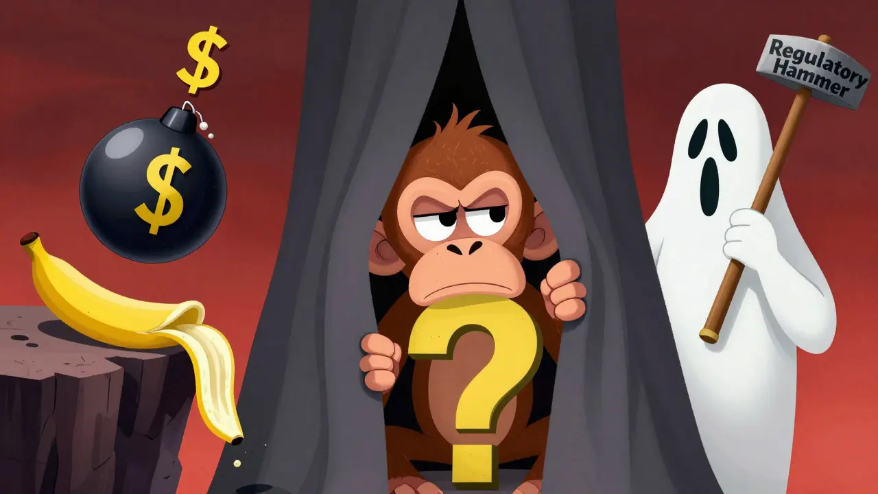 Monkey hiding behind shadows with risk symbols like bombs.