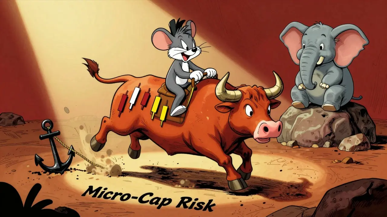 Nervous mouse riding a volatile candlestick bull in a risky market scene