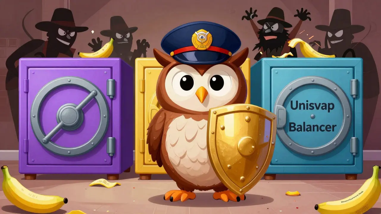 Owl guardian protecting diversified crypto vaults from thieves