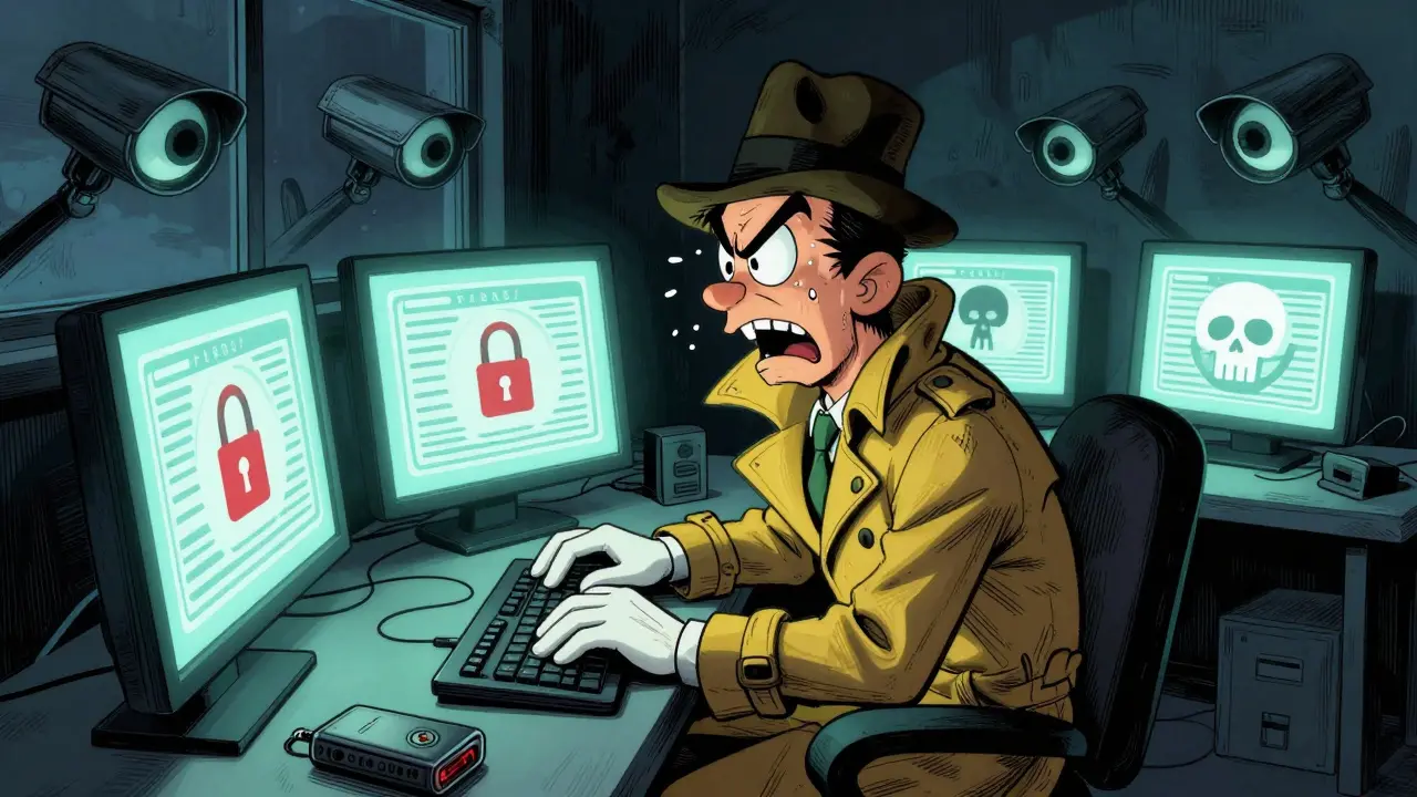 Paranoid cartoon crypto user monitoring screens in dark room