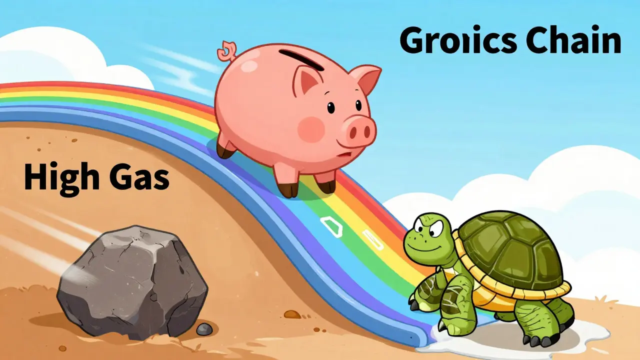 Piggy bank sliding down easy path while turtle struggles uphill in cartoon style