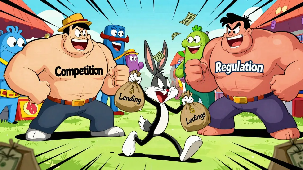 Slapstick cartoon of small trader chased by competition and regulation monsters