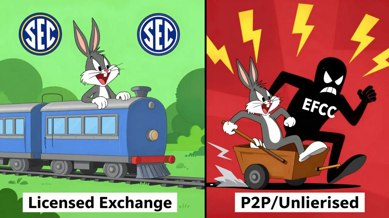 Split screen cartoon: safe licensed exchange vs risky P2P chase