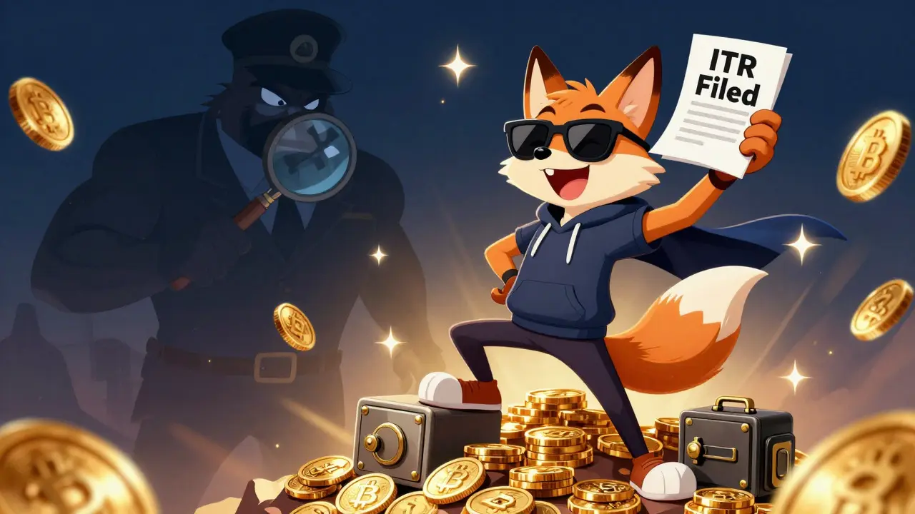 Triumphant trader celebrating with hardware wallet and tax docs