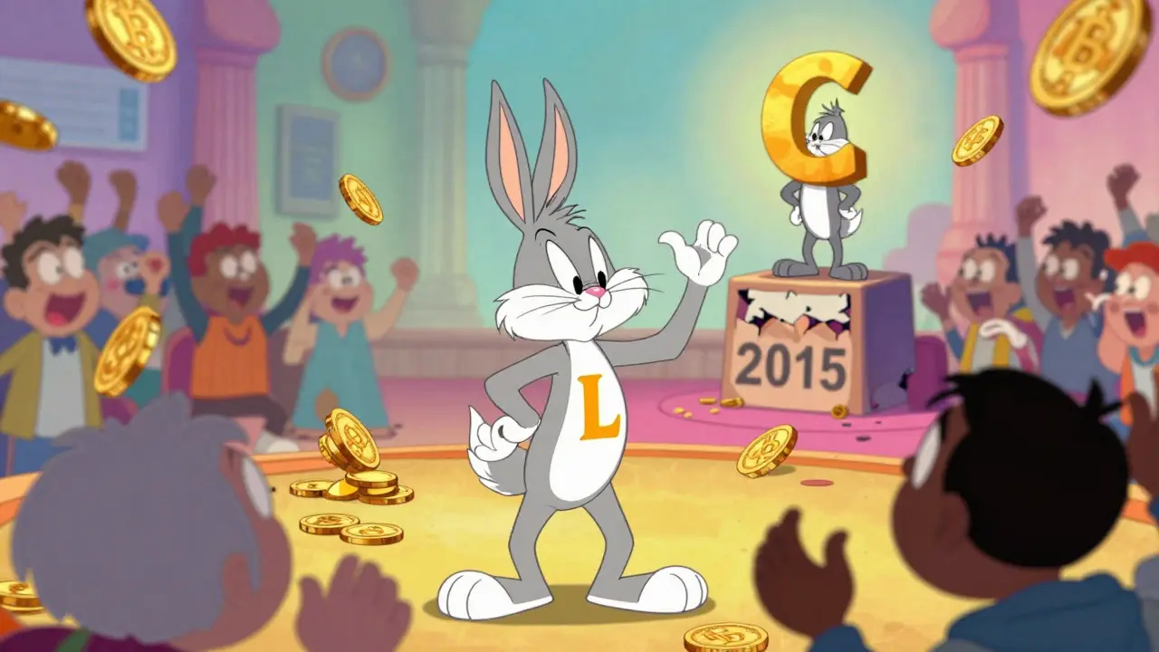 Vibrant LTC coin vs lonely CF coin in a cartoon market