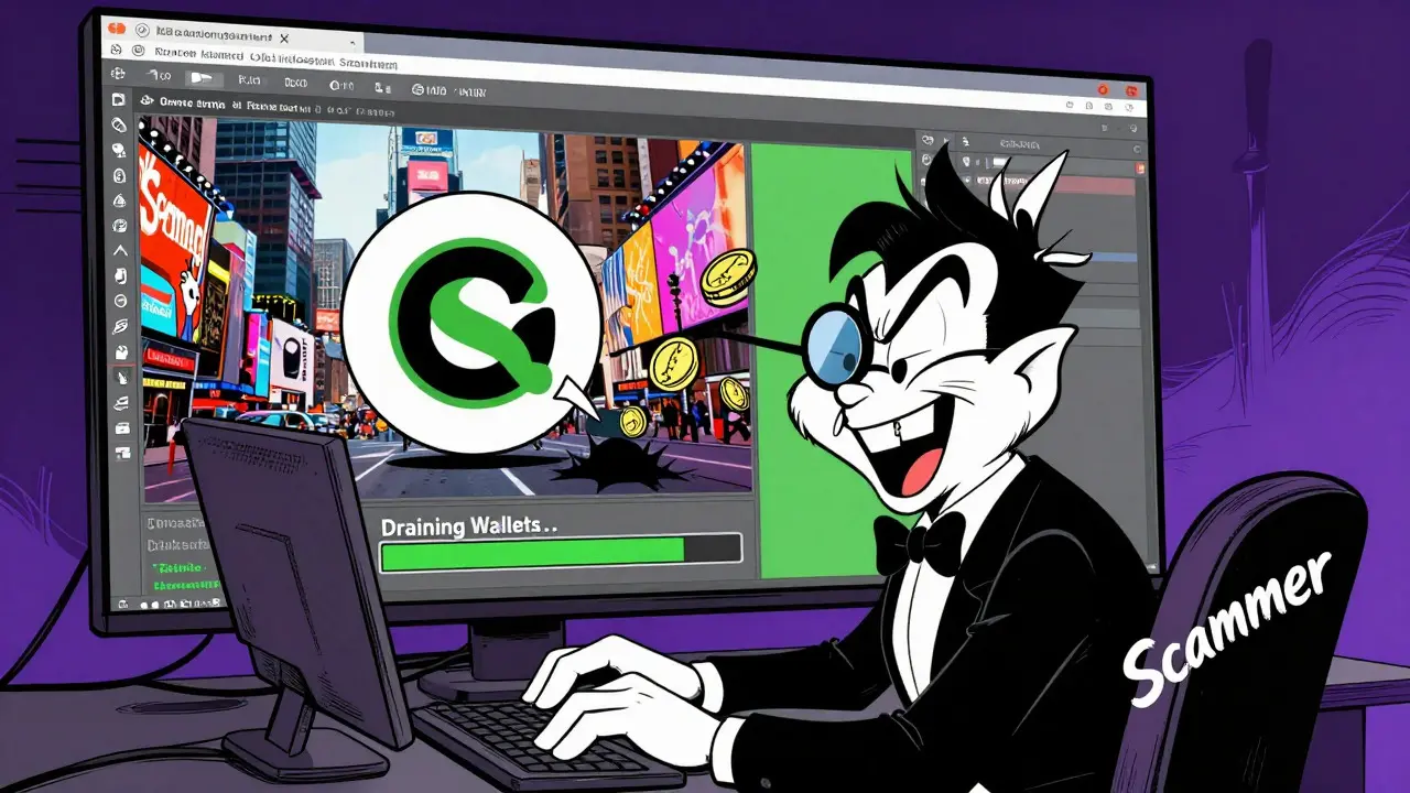 Villain faking billboard ad and draining wallets in cartoon style