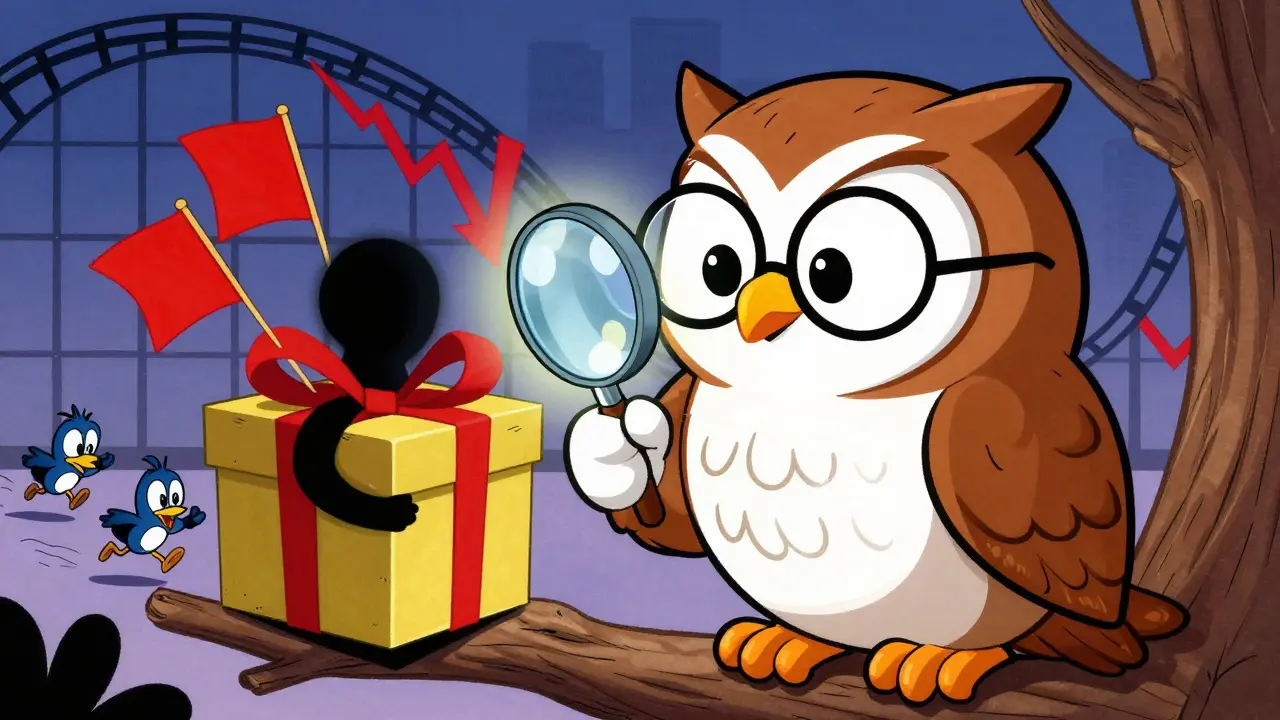 Wise owl inspecting scam risks with magnifying glass in cartoon style