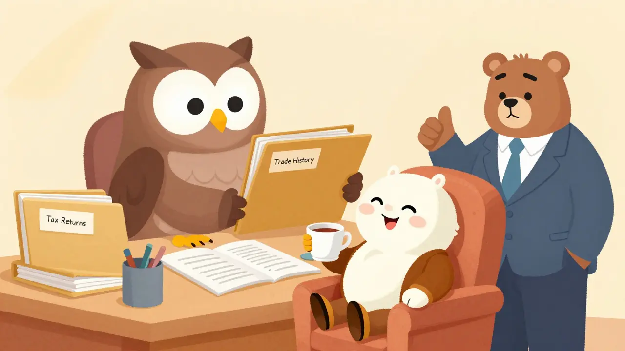 Wise owl organizing tax documents while happy rupee character relaxes with approving bank manager
