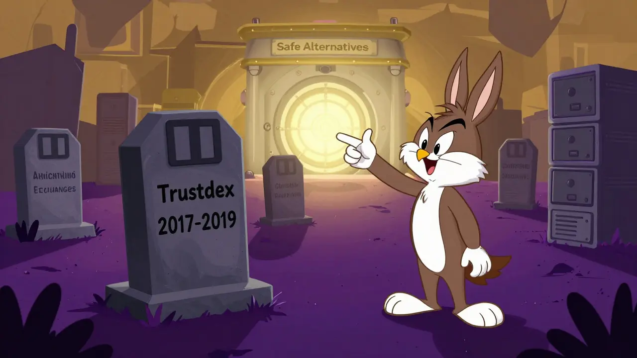 Wise owl pointing from crypto graveyard to a secure modern vault in distance