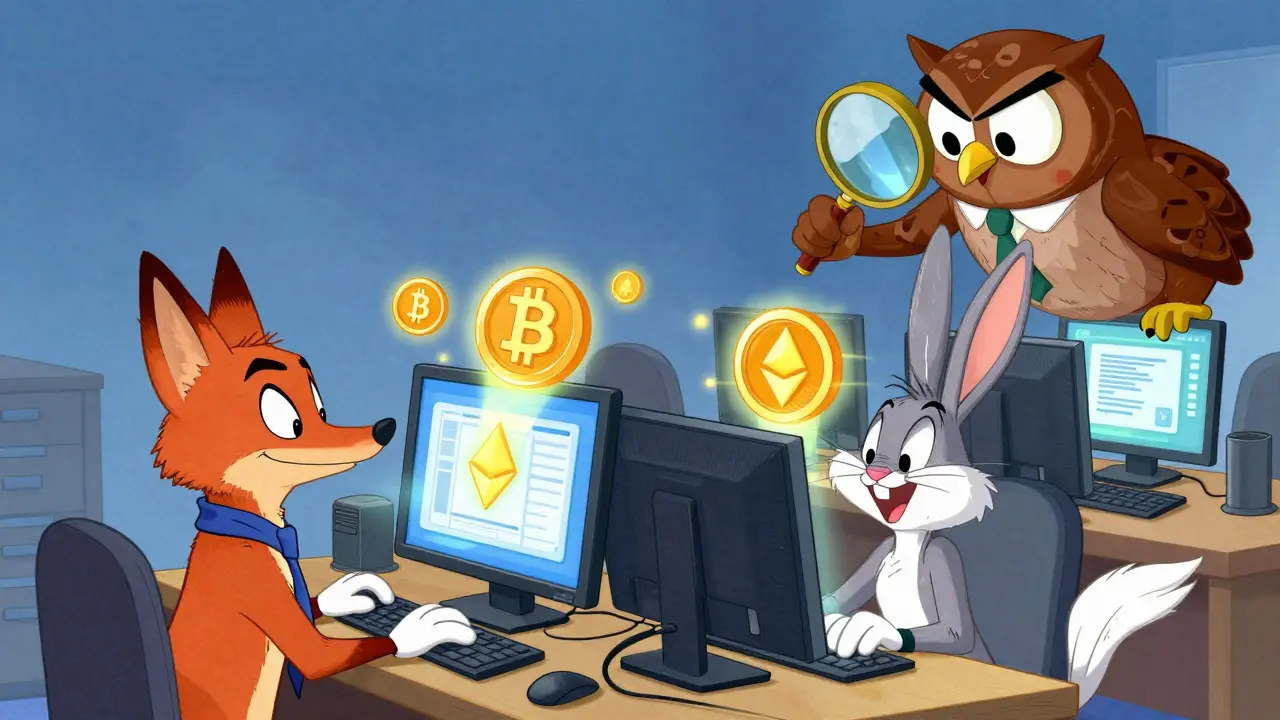 Animals trading crypto under strict owl supervision in Looney Tunes style