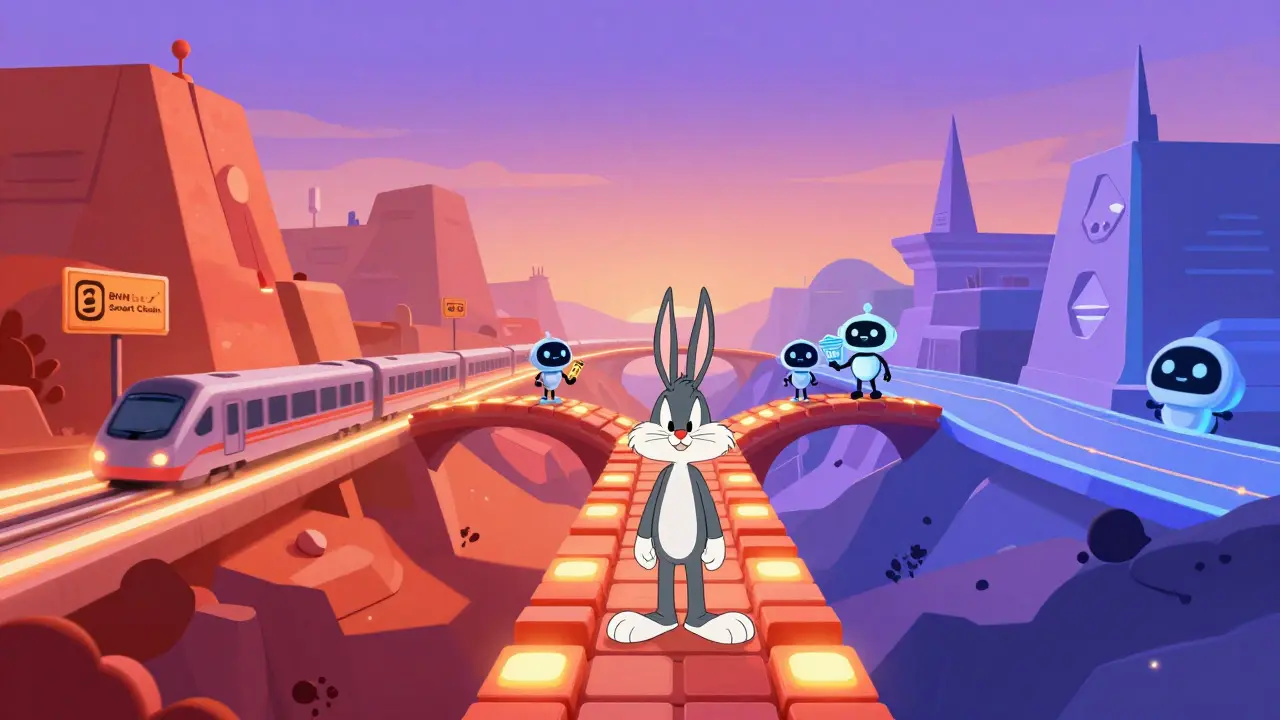 Animated bridge connecting two colorful worlds with robots helping players cross between chains