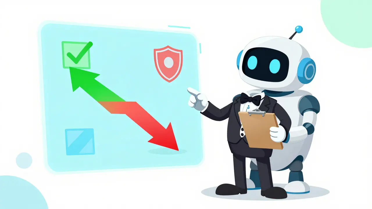Animated character and robot managing automated trading limits with visual profit and loss paths