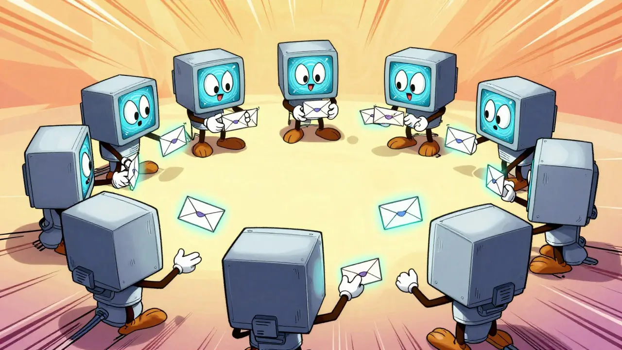 Anthropomorphic servers exchanging messages in a circle