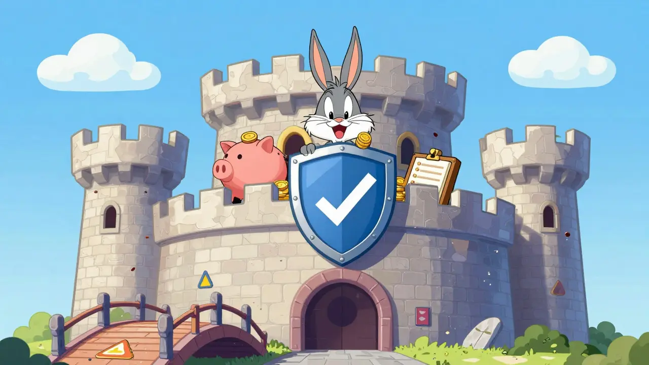 Cartoon animals safely storing coins inside a fortified castle representing a secure exchange