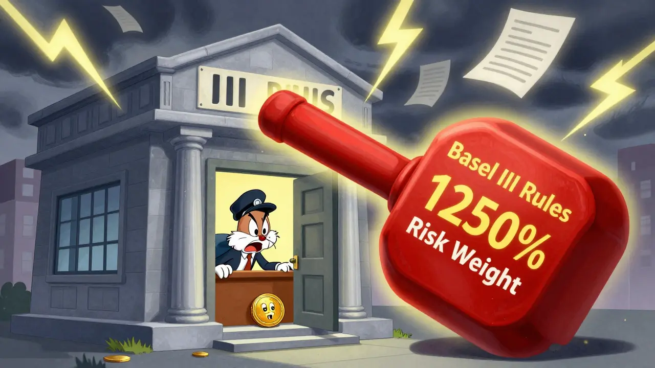 Cartoon bank shrinking under a heavy anvil labeled Basel III rules while a banker hides