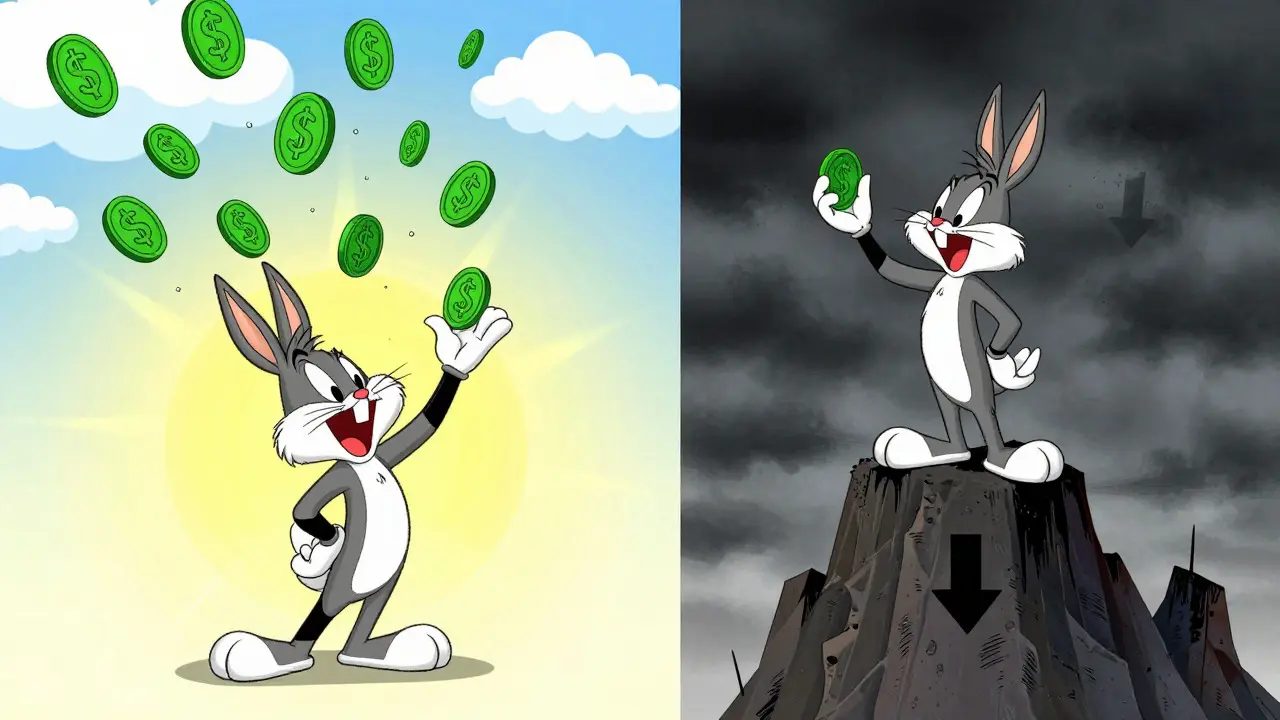 Cartoon character catching tokens while another fears a drop