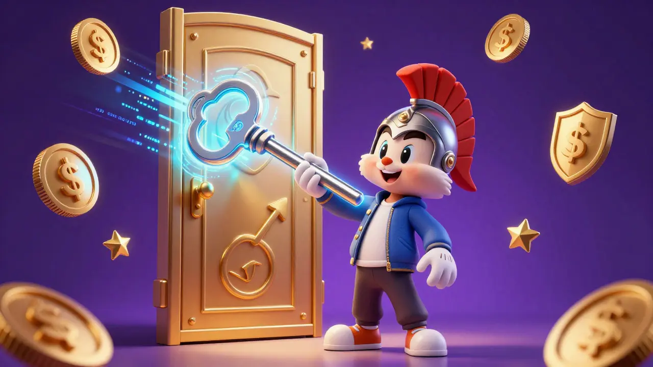 Cartoon character holding a glowing key unlocking a door of financial rewards